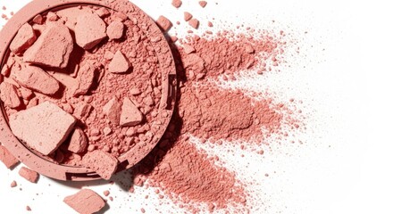 Close up of broken blush powder in container on a white background