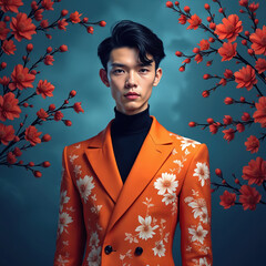 Stylish Asian man portrait wearing a floral patterned suit. Black turtleneck and dark hair complement his look. Artful illustration features blossoms on a teal background.