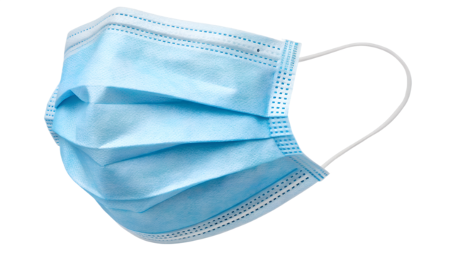 Light blue disposable face mask, isolated on transparent background, soft folds and elastic straps.