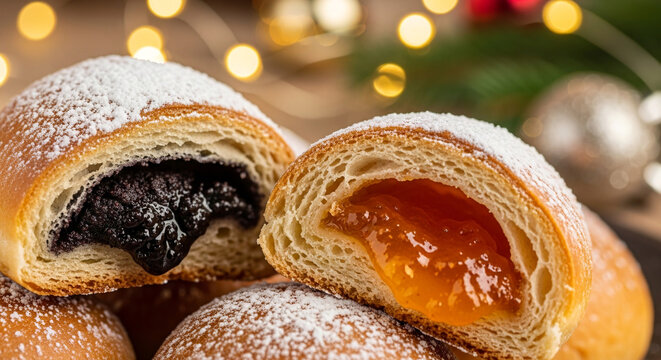 Delicious Croissants Filled with Chocolate and Apricot Jam Sprinkled with Powdered Sugar