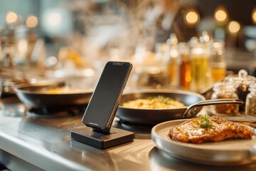 Kitchen dual timer concept with smartphone and abstract timer circles by hob and pans