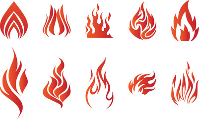Collection Set of Red Fire Flame Icons  - Hot Burning Flame Symbols in Various Styles and Shapes