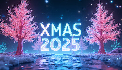 Futuristic Christmas Banner with Neon Trees and Holographic Snowflakes — XMAS 2025 Celebration