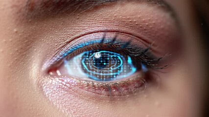 Extreme close-up of a female eye with mascara, blue eyeshadow; iris transforms into a shimmering sapphire blue digital grid with pulsating light in cool futuristic luminescence, sophisticated digital - Powered by Adobe