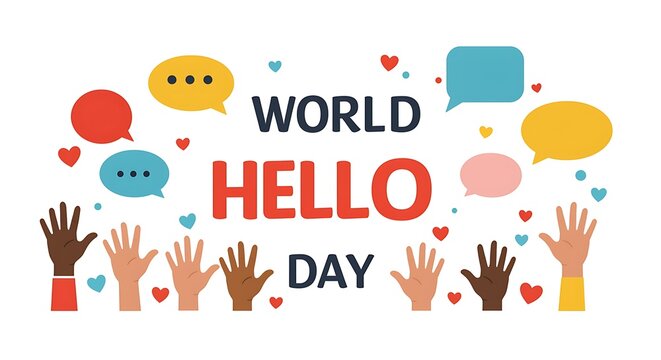 World hello day celebration with diverse hands and speech bubbles