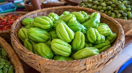 Fresh chayote squash displayed in a woven basket for produce and culinary themes