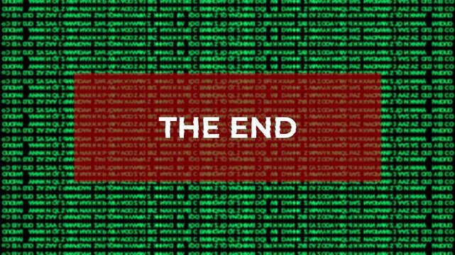 The End digital code matrix effect glitch art film conclusion gaming finale suitable for movie credits, game over screens.