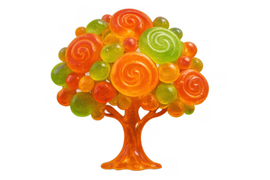 Candy tree growing colorful lollipops and sweet jelly drops presenting a fantasy dessert concept on transparent background