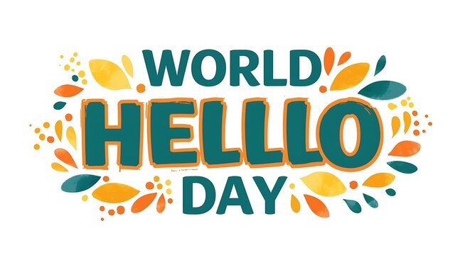 World hello day text with colorful leaves and floral elements isolated on white background