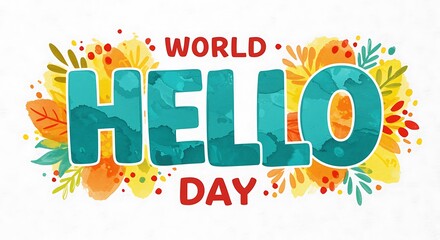 World hello day text with colorful floral decoration isolated on white background