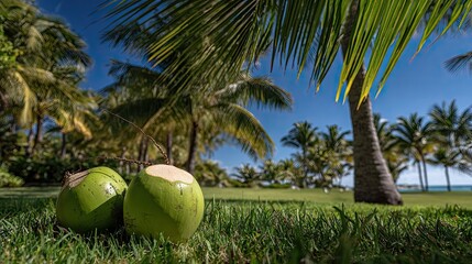 Fresh coconuts on the green grass under the palm trees near the ocean