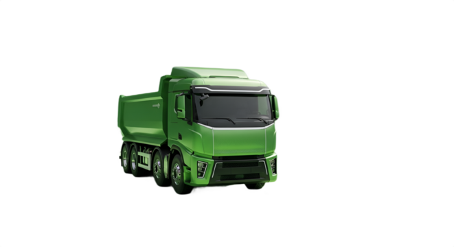 A bright green dump truck is isolated on a stark black background, showcasing its modern design.