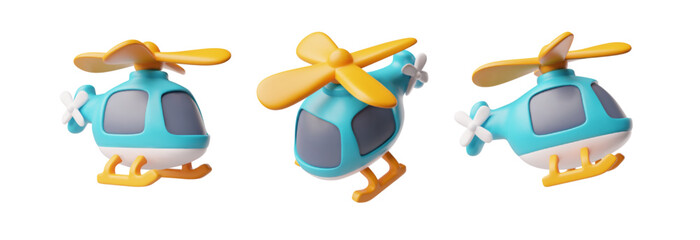 Helicopter view from different angles 3D cartoon plastic style vector icons set, air transport, volume aircraft vehicle © sabelskaya