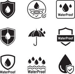 Waterproof Icon Set Keywords: waterproof, water, protection, shield, drop, umbrella, check mark