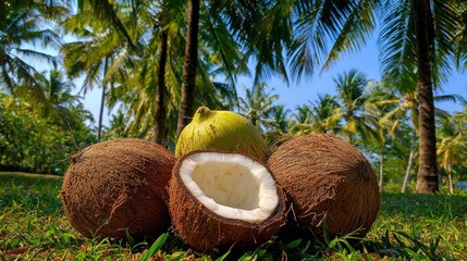 Fresh coconuts with a cut one on a green lawn with palm trees backdrop