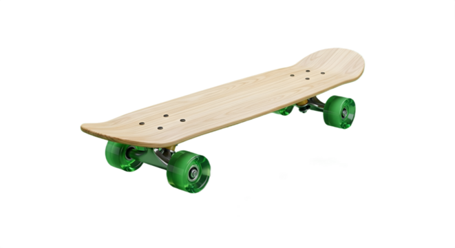 A skateboard with a light wood deck and bright green wheels is displayed on black.
