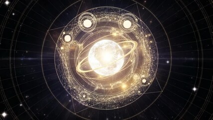 Astrological chart with planets and stars, representing cosmic and spiritual themes