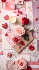 happy valentines day retro collage with hearts and petals