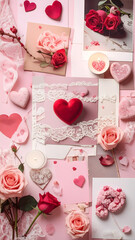 happy valentines day retro collage with hearts and petals