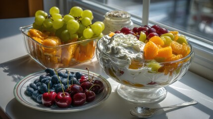 Fresh fruit arrangement with grapes oranges and berries for healthy eating
