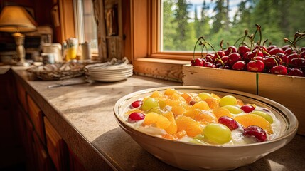 Fresh fruit salad and cherries displayed on a counter near a window