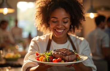 Smiling young African-American woman holds plate with grilled beef steak, fresh colorful salad meal. Serves healthy delicious food in busy, bright kitchen. Diverse group cooks together during cooking