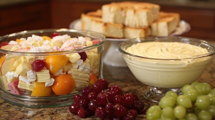 Fresh fruit salad dessert with cream and cake slices on a table setting