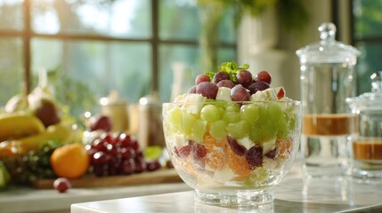 Fresh fruit salad in glass bowl with grapes oranges and kiwi near window