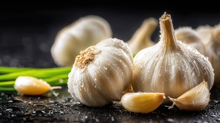 Fresh garlic bulbs and cloves displayed on a dark surface