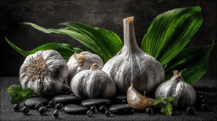 Fresh garlic bulbs and green leaves arrangement on dark background