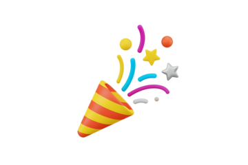 A 3D render of a party popper icon is depicted on a transparent, isolated background. Confetti and decorative shapes are shown explosively emerging from the opening.