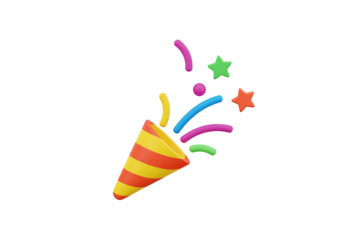 A 3D rendered model of a party popper, or confetti cannon, emitting confetti and streamers, set against a transparent, isolated background.