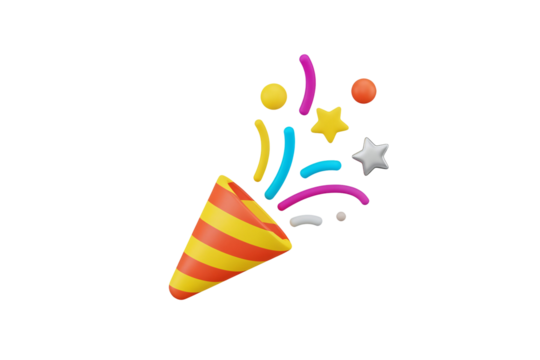 A 3D render of a party popper icon is depicted on a transparent, isolated background. Confetti and decorative shapes are shown explosively emerging from the opening.