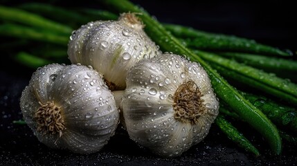 Fresh garlic bulbs with water droplets and green vegetables on black surface