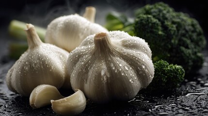 Fresh garlic bulbs with water droplets broccoli on dark background