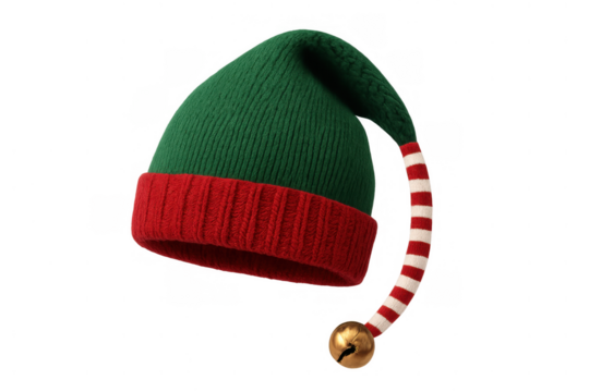 Green and red elf hat with striped tail and jingle bell, symbolizing christmas holidays and festive cheer