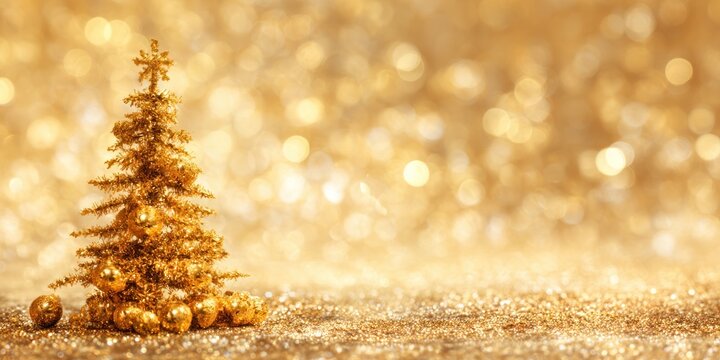 Golden Christmas Tree with Bokeh Lights Background for Festive Season.