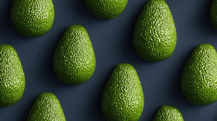 Fresh green avocados arranged on a dark background for culinary themes