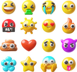 Emoji emoticon realistic 3D vector icons set, cute poop, star, sun, heart, flower and round faces various expressions