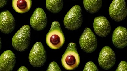Fresh green avocados displayed on black background with copy space