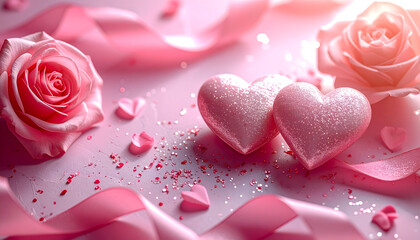pink rose hearts and petals on pink background, happy valentines day