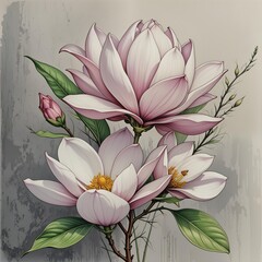 Watercolor square background with blooming magnolia flowers and green leaves, spring floral composition