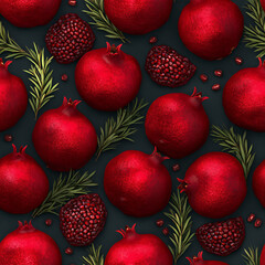 Pomegranate and rosemary pattern on dark background. Oil painting of fresh fruit. Delicious and healthy food for cooking and kitchen design.