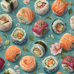 Assortment of colorful sushi rolls, nigiri, and maki in oil paint style. Japanese cuisine food pattern for culinary art, restaurant decor.