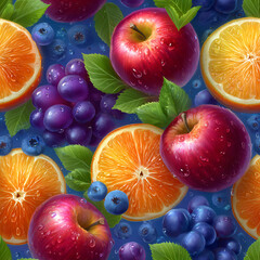 Fresh fruit pattern with apples, oranges, grapes, and blueberries. Juicy oil paint texture for food and healthy eating background.
