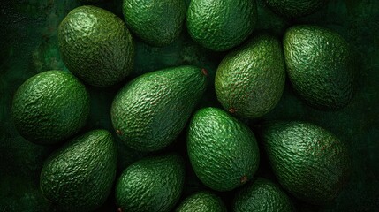 Fresh green avocados in a group on a dark background closeup view