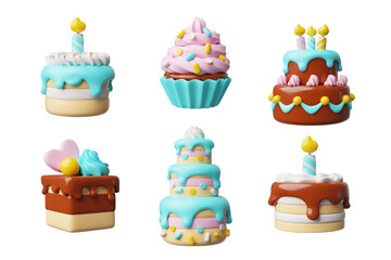 Birthday cake 3D cartoon plastic style vector icons set, celebration pie creamy dessert with burn candle, confectionery