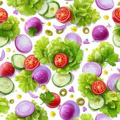 Vibrant vegetable pattern with oil paint texture. Fresh salad ingredients on white background. Healthy food background for menu design.