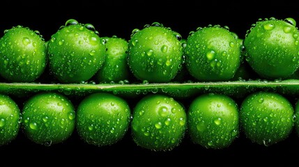 Fresh green fruits in a row with water droplets on a black background