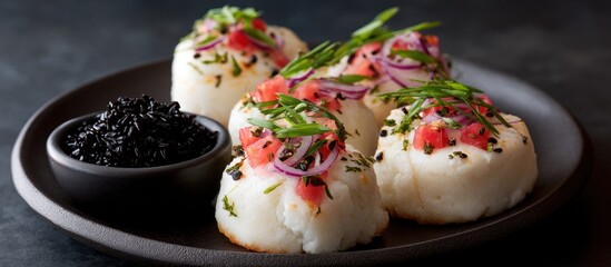 Exquisite Appetizer - Creamy Bites Topped with Fresh Herbs and Caviar.